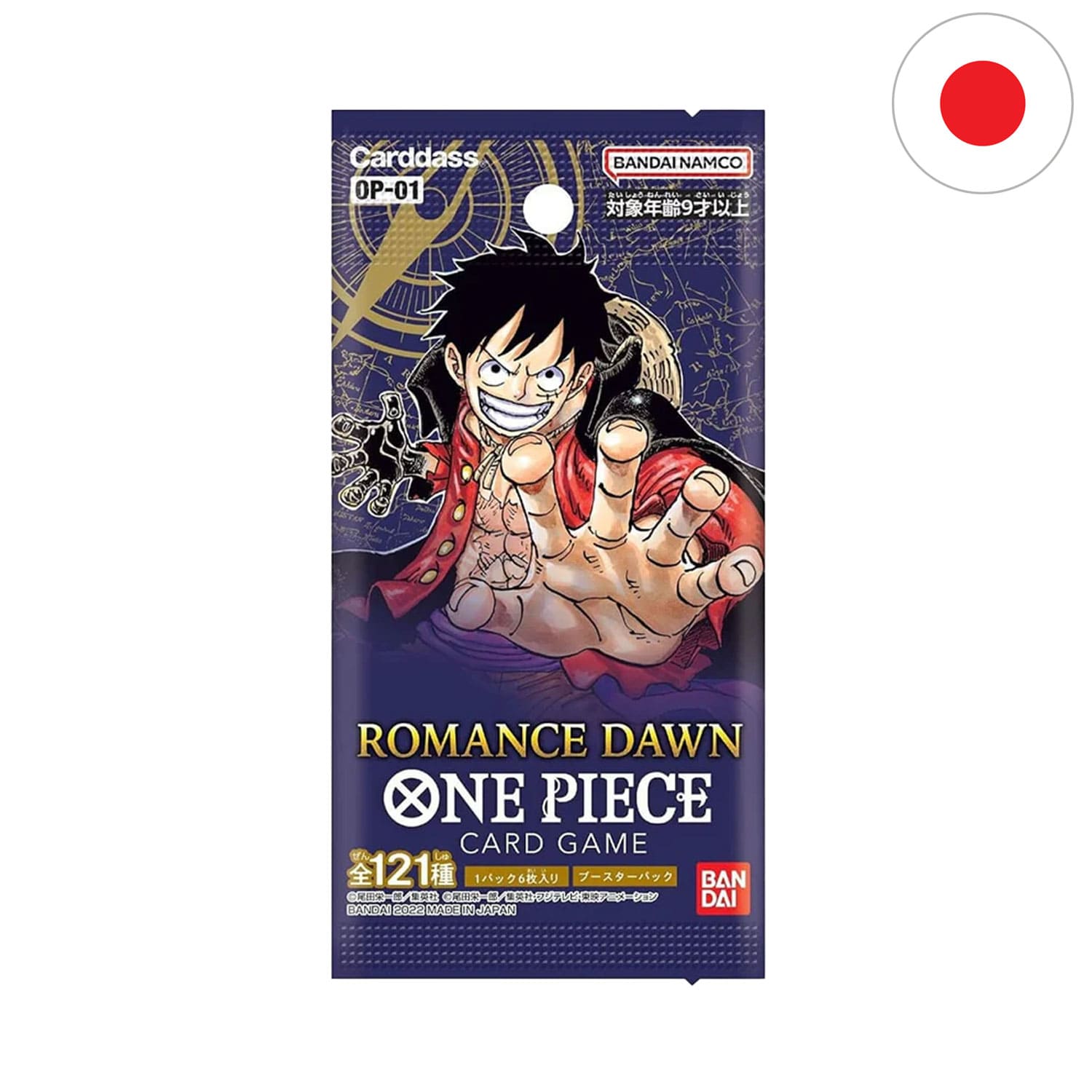 Das One Piece Booster "Romance Dawn" (OP-01), mit Ruffy auf dem Cover und der Flagge Japans in der Ecke.