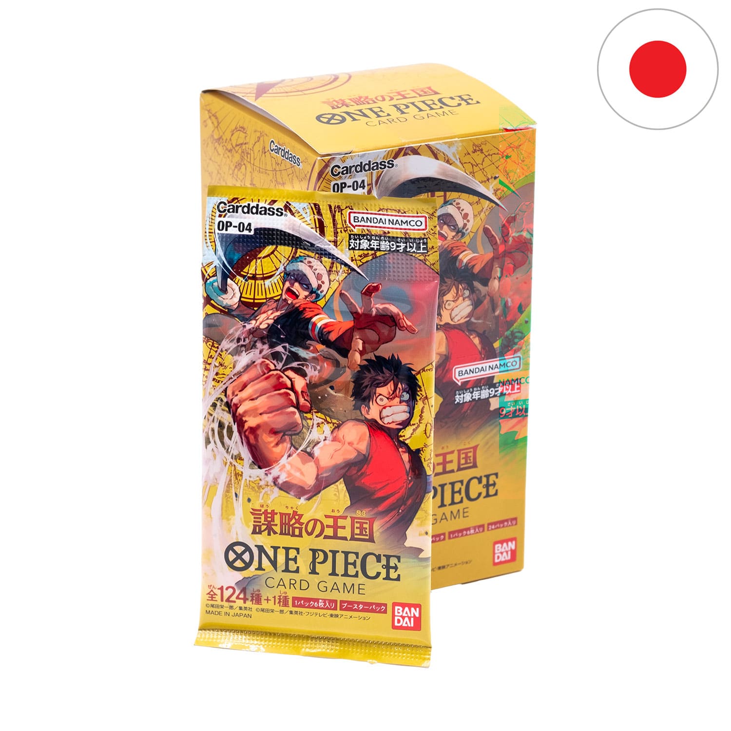 Das One Piece Display "Kingdoms of Intrigue" (OP-04), mit dem Booster anliegend und der Flagge Japans in der Ecke.