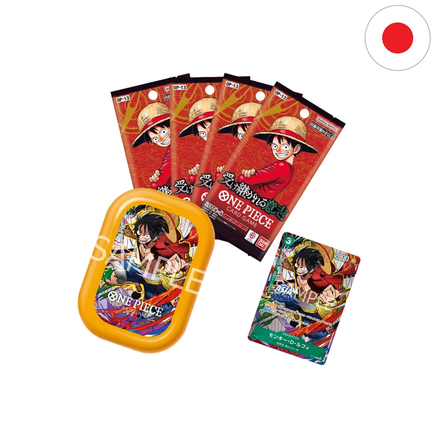 Die japanische One Piece Card Game Mini Tin TS-03 only Asia mit Luffy Alt-Art OP12-008 Promokarte und 4 Boosterpacks.