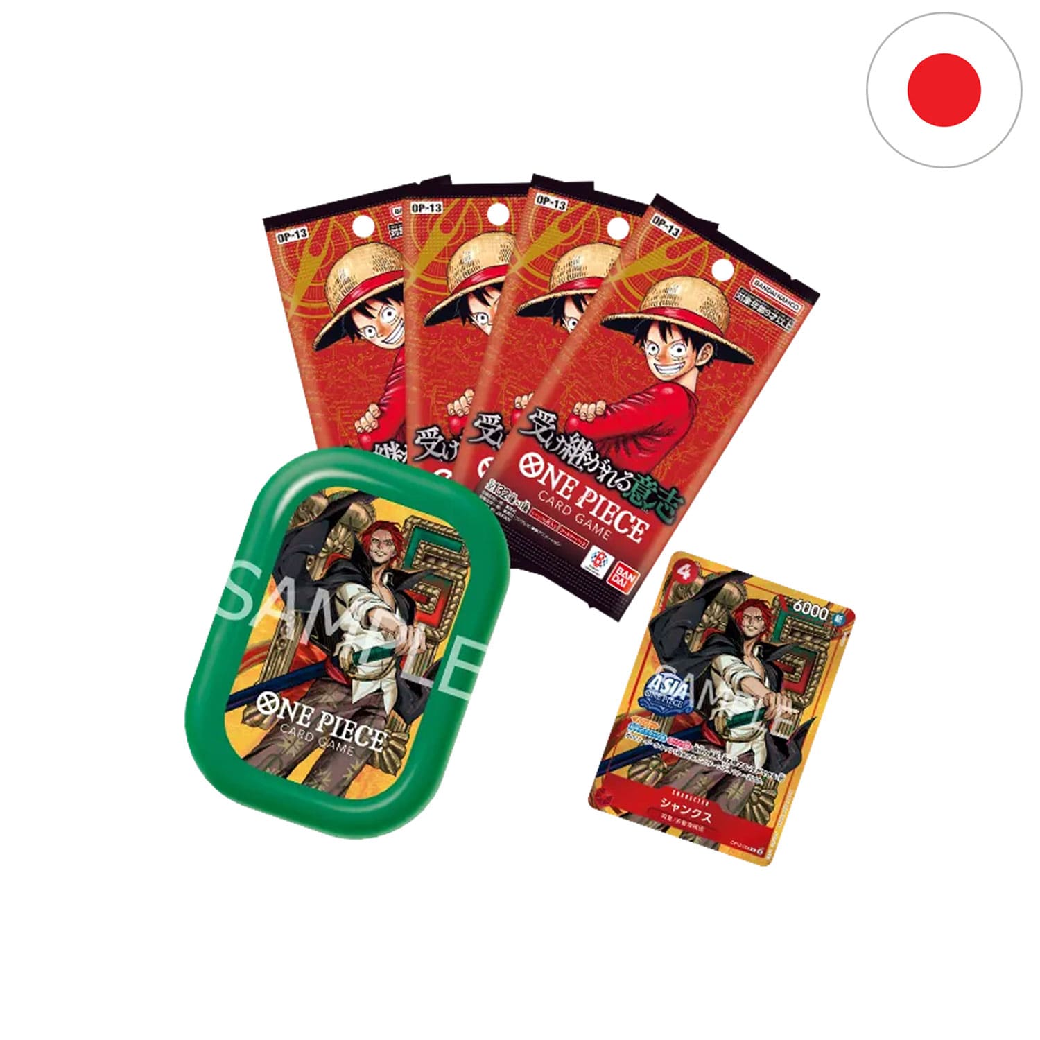 Die japanische One Piece Card Game Mini Tin TS-03 only Asia mit Shanks OP12-008 Promokarte und 4 Boosterpacks OP13.
