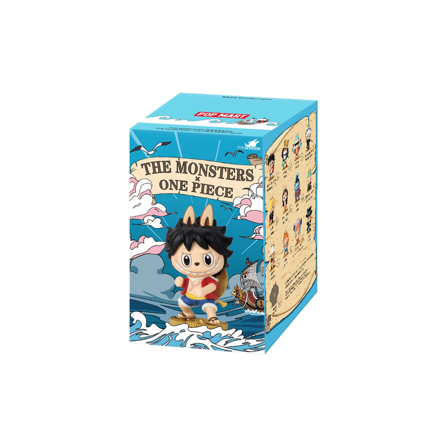 POP MART THE MONSTERS x One Piece Blindbox mit Monkey D.Luffy auf dem Cover. PVC/ABS Figur mit einer Höhe von 9cm.