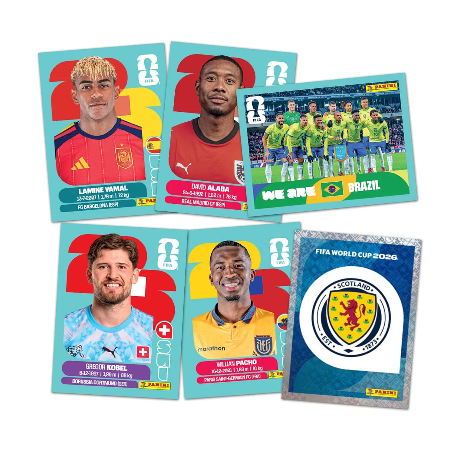 Panini FIFA World Cup 2026™ Spieler-Sticker: Lamine Yamal, David, Alaba, Gregor Kobel, Willian Pacho, Brazil, Scotland.