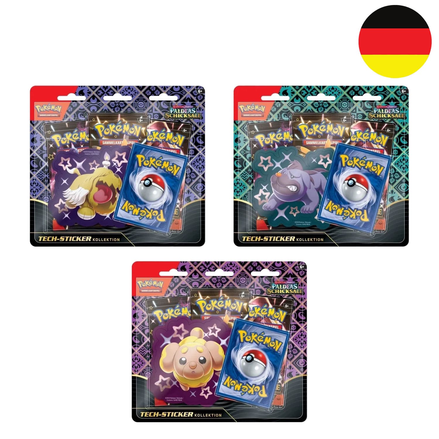 Das Pokemon Blister Tech-Sticker-Kollektion von Paldeas Schicksale (KP4.5) mit Shiny Hefel, Gruff oder Mobtiff!