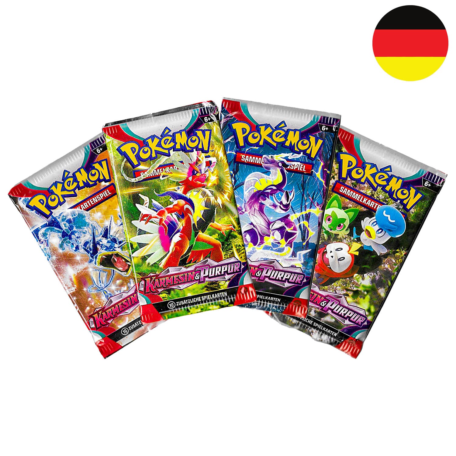 Das Pokemon Boosterpack Karmesin & Purpur (KP01) als Scan, alle 4 Artworks, mit der Flagge Deutschlands in der Ecke.
