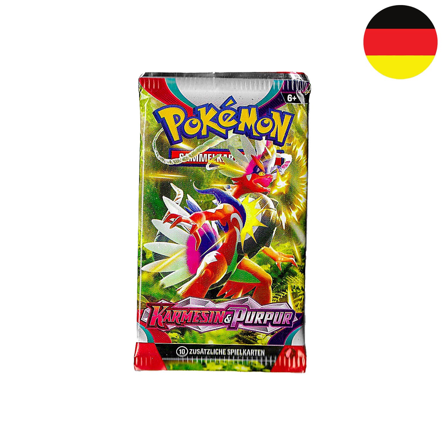Das Pokemon Boosterpack Karmesin & Purpur (KP01) als Scan, mit Miraidon, mit der Flagge Deutschlands in der Ecke.