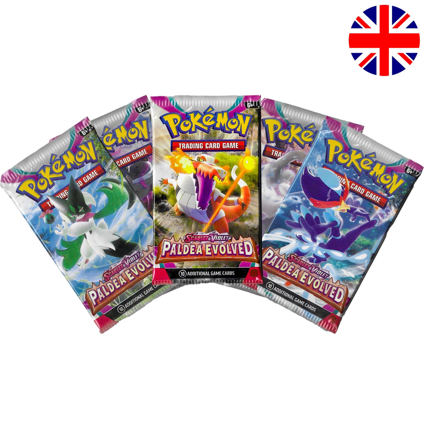 Das Pokemon Boosterpack Paldea Evolved (SV02) als Scan mit allen 4 Artworks und der Flagge Englands in der Ecke.