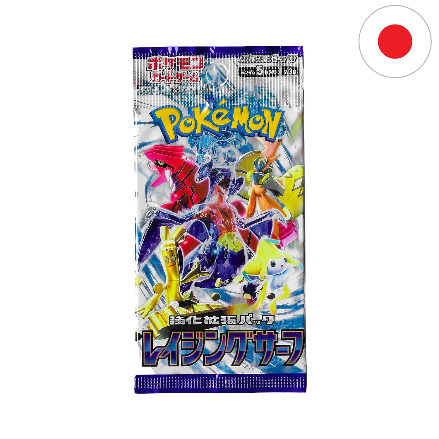 Das Pokemon Boosterpack Raging Surf als Scan mit Knackrack auf dem Cover und der Flagge Japans in der Ecke.