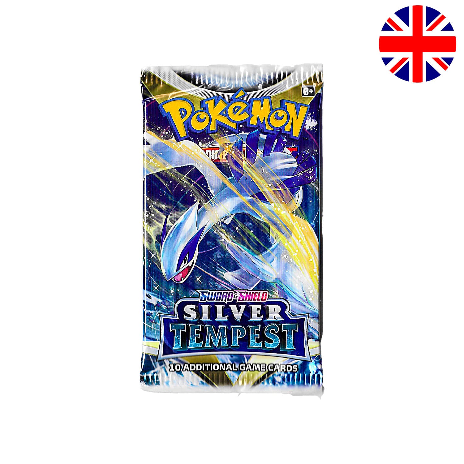 Das Pokemon Boosterpack Silver Tempest als Scan mit Lugia als Hauptbild und der Flagge Englands in der Ecke.