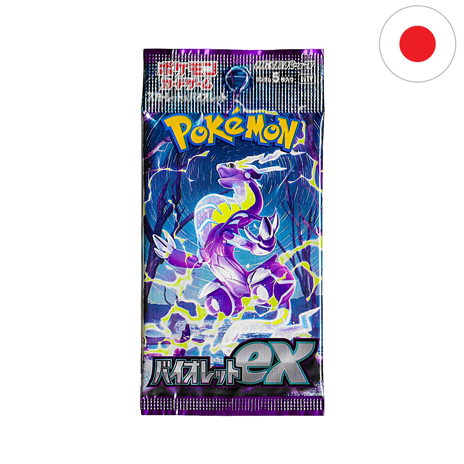Das Pokemon Boosterpack Violet EX (SV1V) als Scan mit Miraidon auf dem Cover und der Flagge Japans in der Ecke.