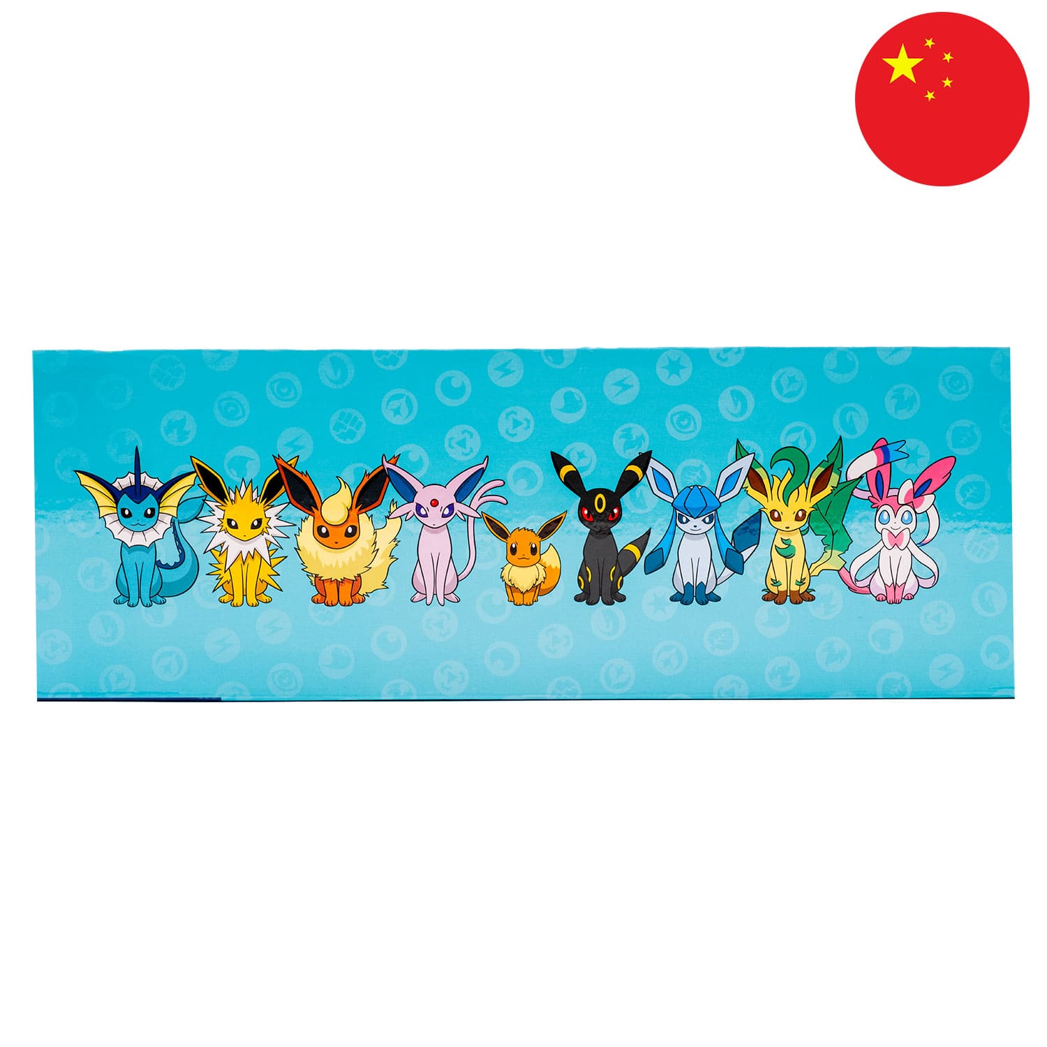 Die Pokemon Box Auquana (CSH1) in Blau, von der Seite mit den Eeveelutions, mit dem Bild Chinas als rundes Icon in der Ecke.