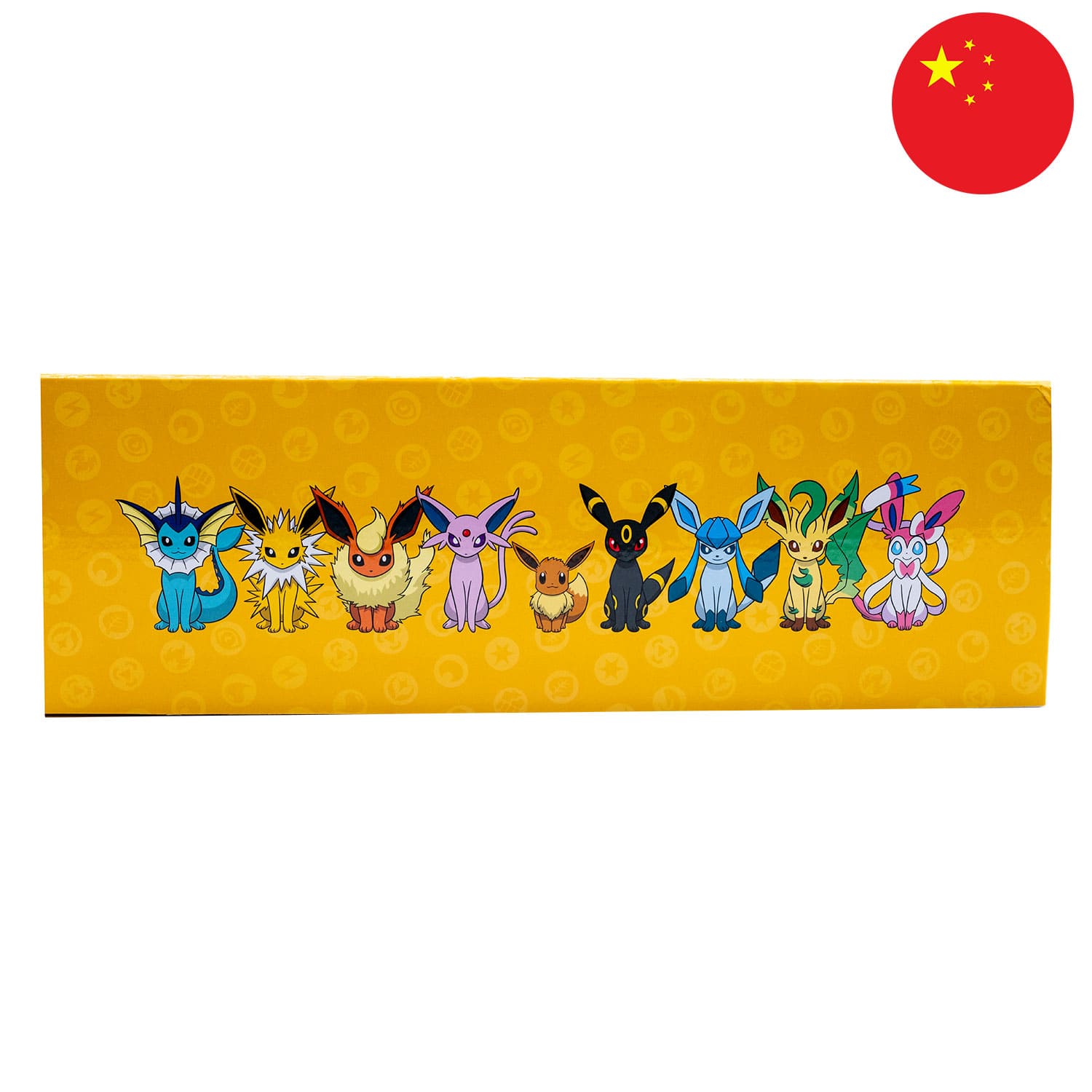 Die Pokemon Box Blitza (CSH2) in gelb, von der Seite mit den Eeveelutions, mit dem Bild Chinas als rundes Icon in der Ecke.