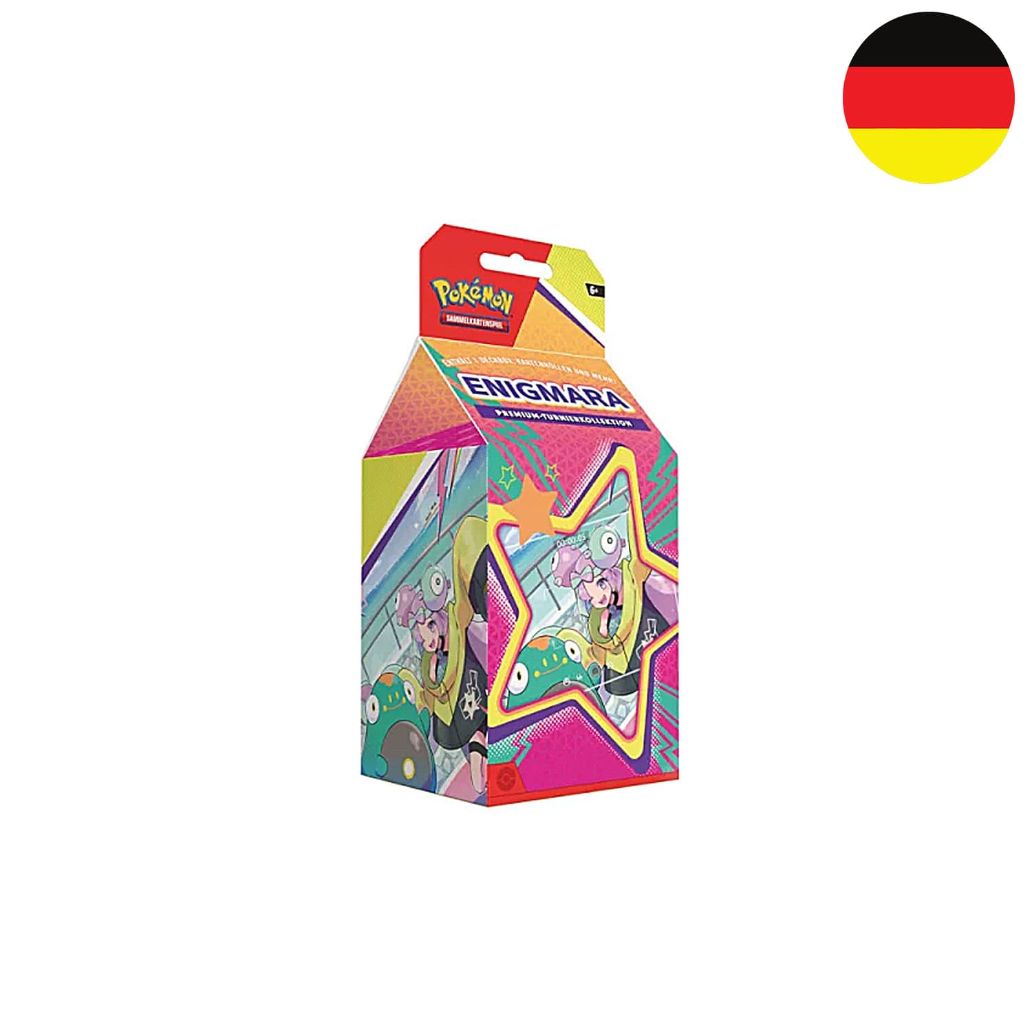 Die Pokémon Box Premium-Turnierkollektion mit Enigmara mit der Flagge Deutschlands in der Ecke.