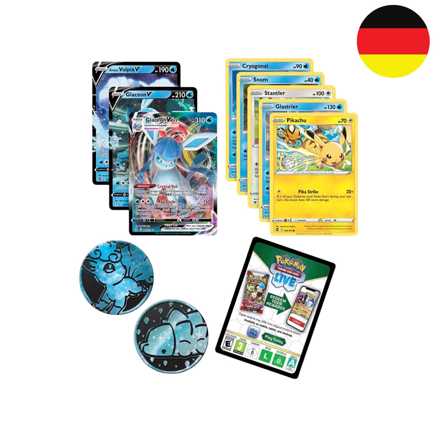 Die Pokémon Festtagskalender 2023 Promokarten: Glaziola VMAX, Alola Vulpix, Damhirplex, Polaross, Snomnom und Frigometri