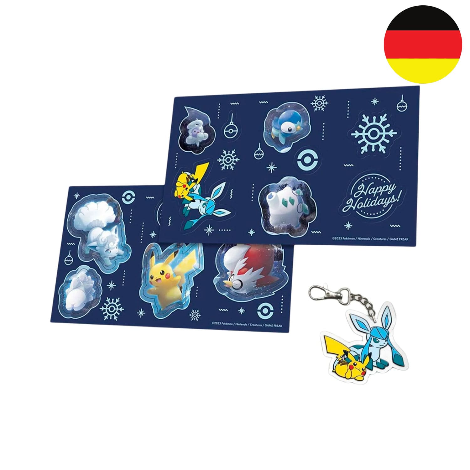 Pokémon Festtagsstickerbögen mit, Plinfa, Glaciola, Pikachu, Botogel, Alola Vulpix, Snomnom, Galar Flampion.