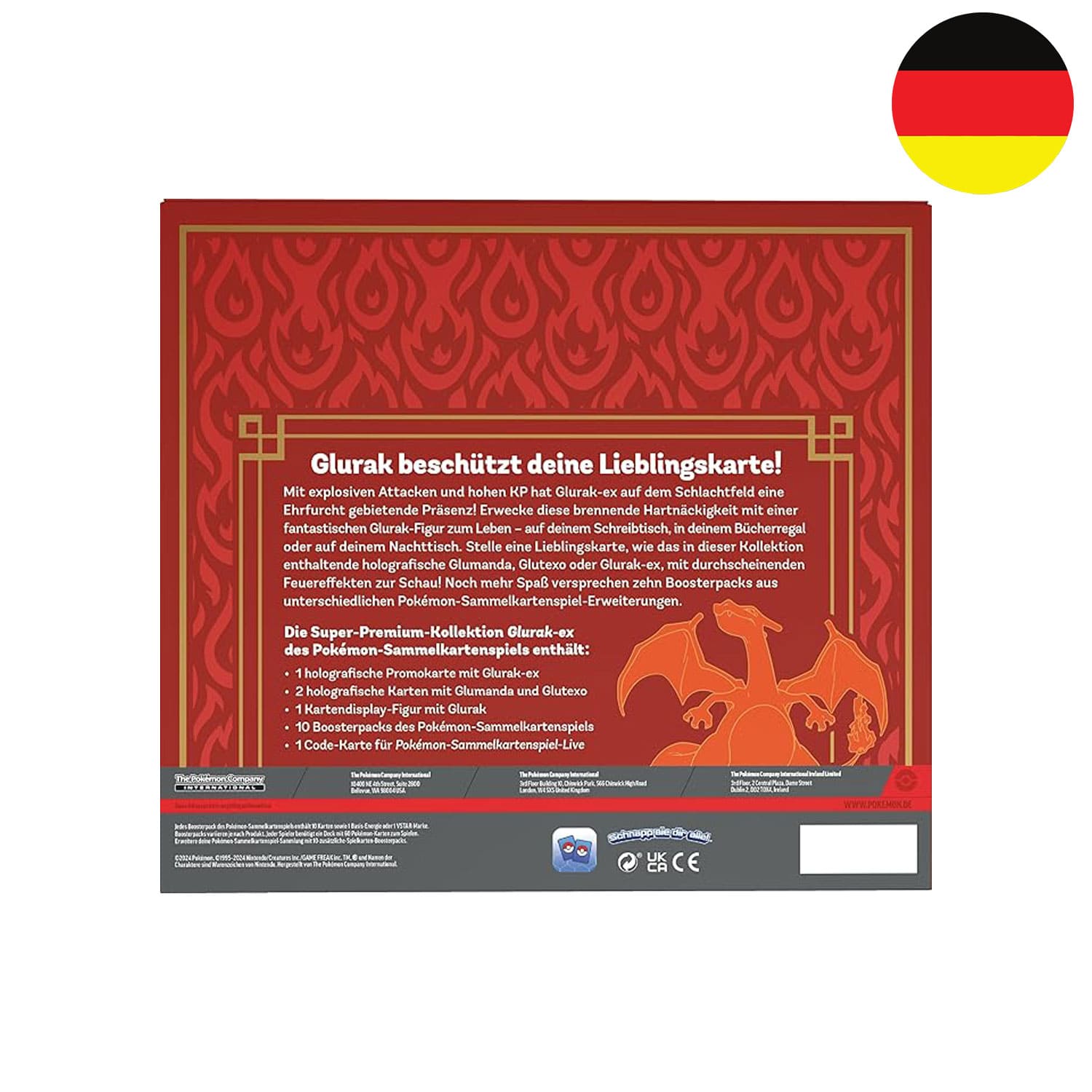 Die Pokémon Box Glurak ex Super Premium Kollektion mit Sammelkarten aus Karmesin & Purpur, einem Glurak Kartendisplay.