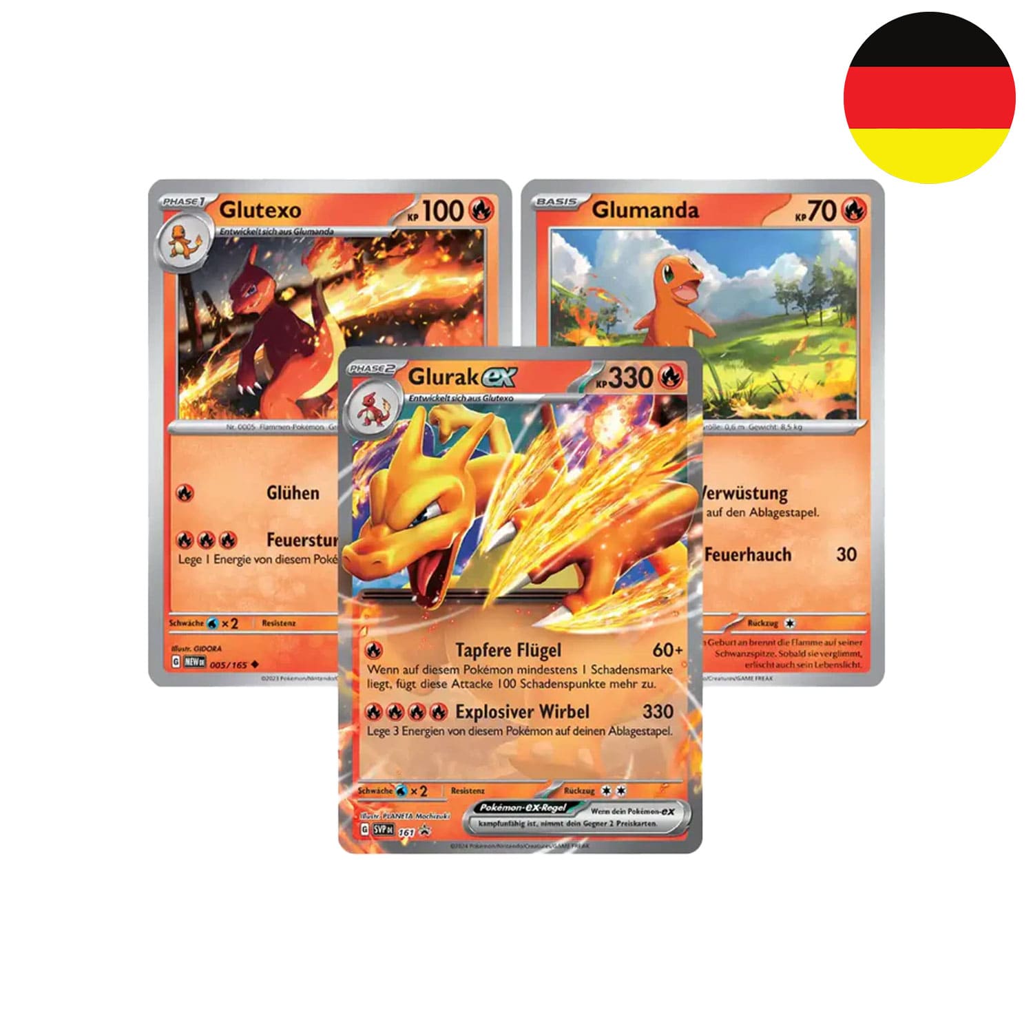 Die Pokémon Sammelkarten mit Glumanda, Glutexo und Glurak ex aus Karmesin und Purpur. SV9 161, SV9004 und SV9005.