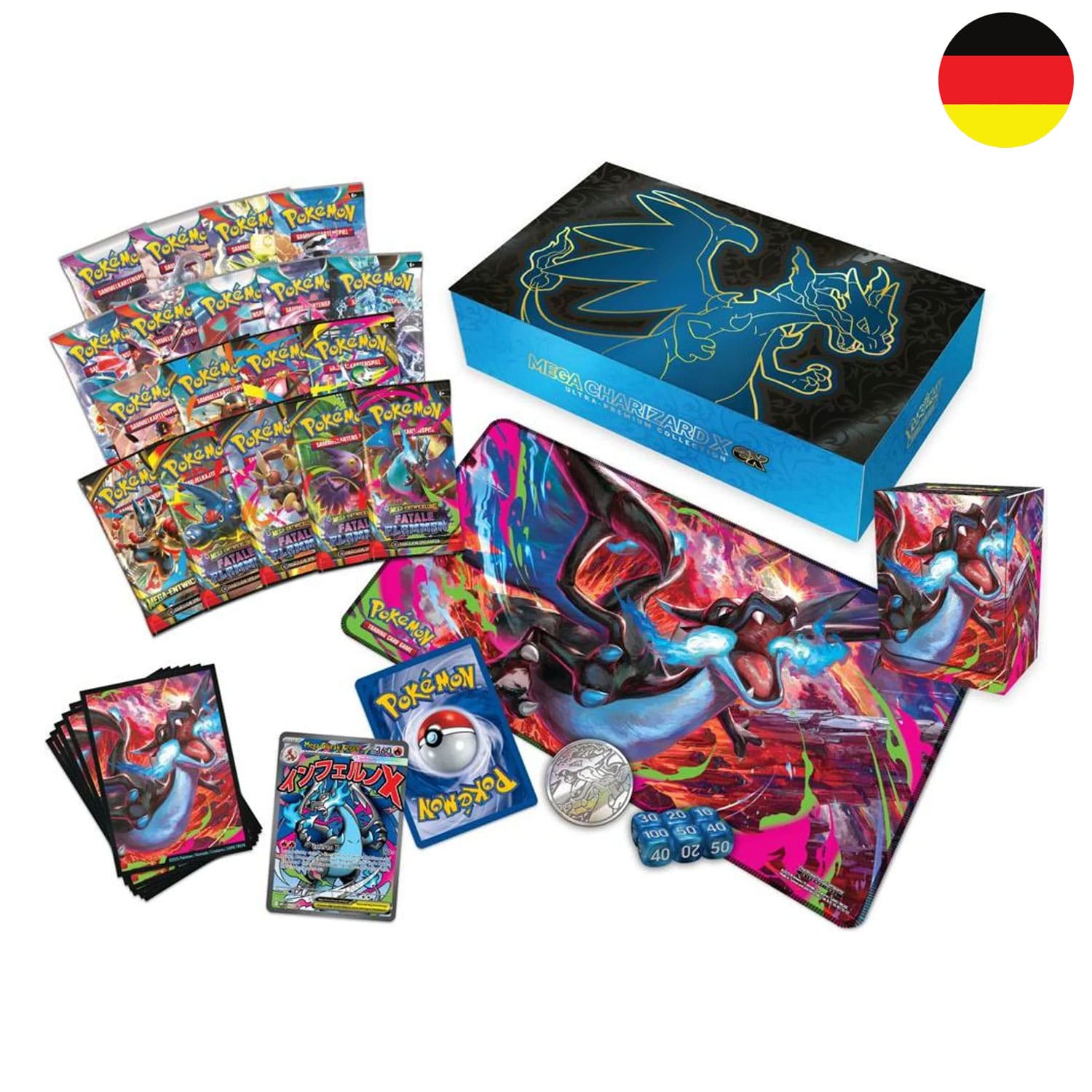 Die Pokémon Mega Glurak ex Ultra Premium Kollektion mit Kartenhüllen, Münze, Würfeln, Deckbox und Promokarten.