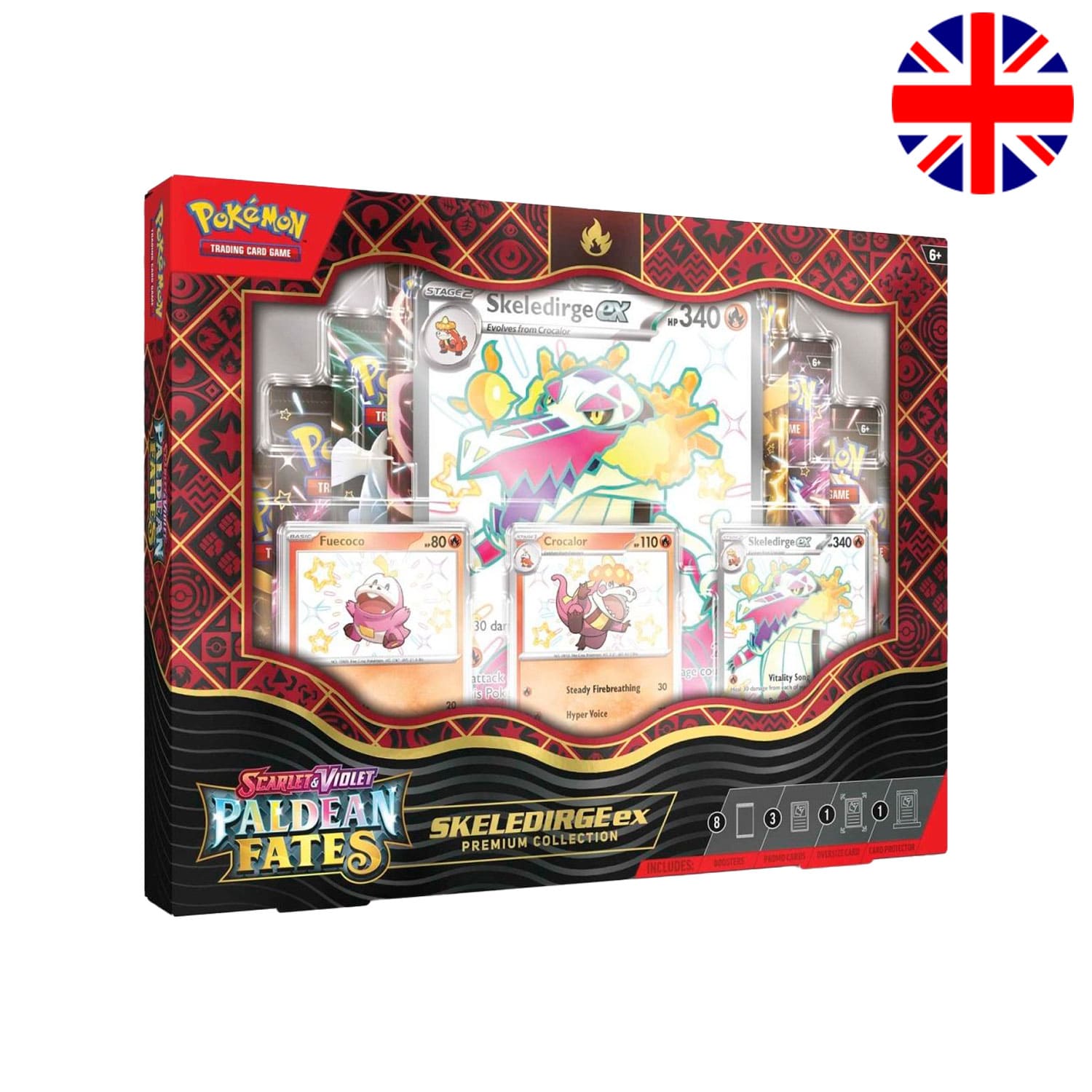 Pokémon Paldean Fates Premium Collection mit Skeledirge ex englisch, übergroßer Karte, Magnet-Case und Boostern.