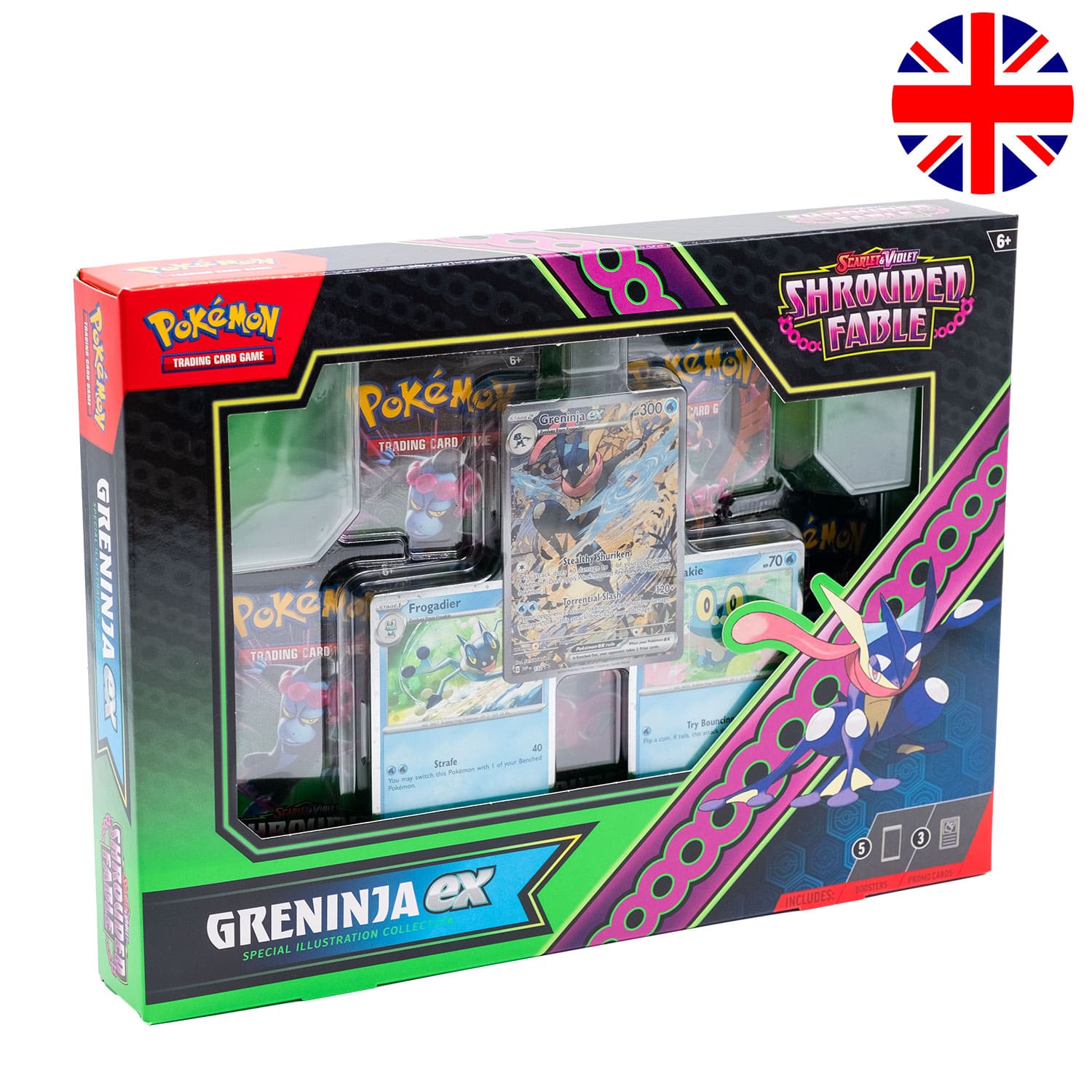 Die Pokemon Box "Shrouded Fable - Illustration Rare Collection- Greninja EX" (SV6.5), frontal, mit der Flagge Englands.