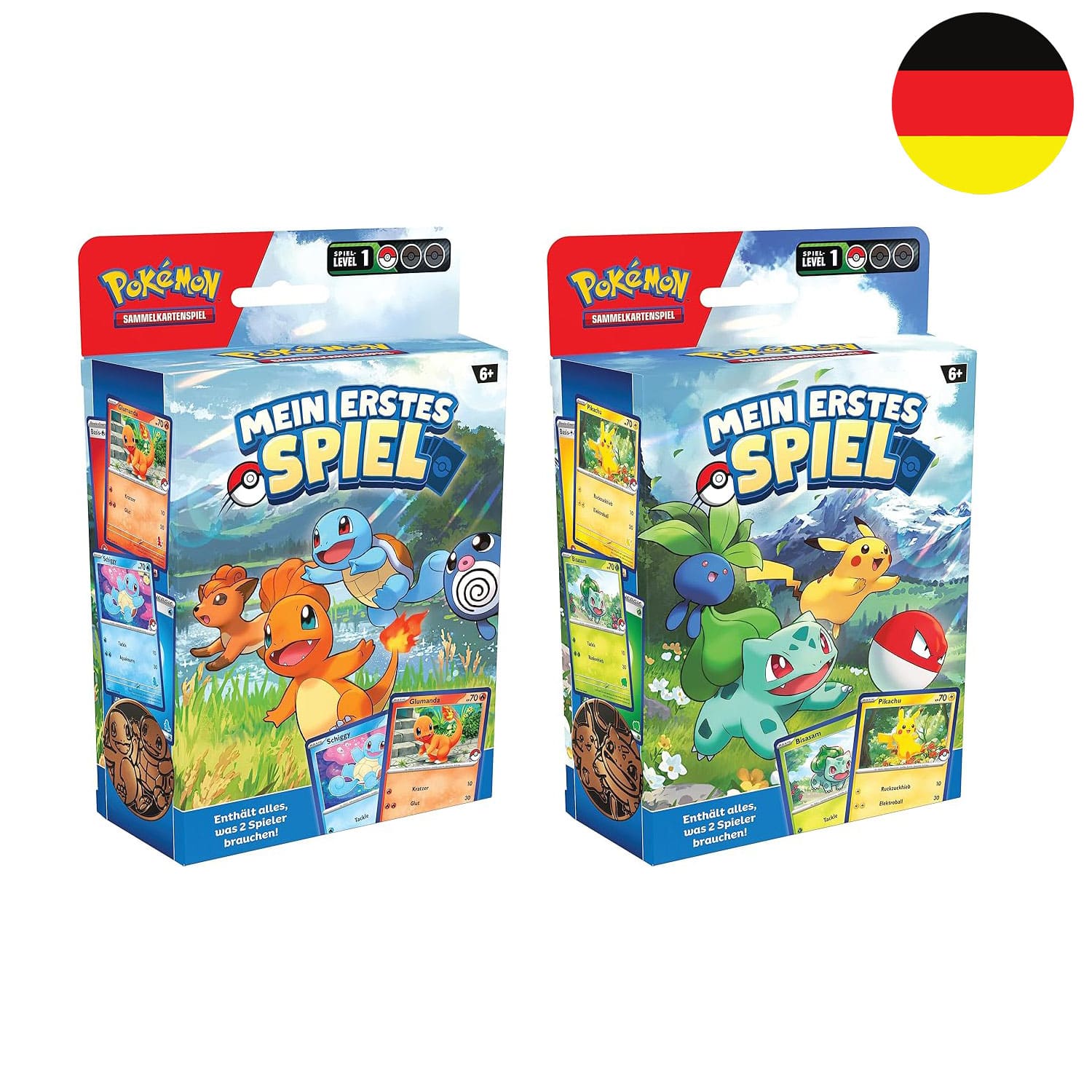 Die deutschen Pokémon Einsteiger Deck Mein erstes Spiel Boxen mit Pikachu und Bisasam oder Glumanda und Schiggy.