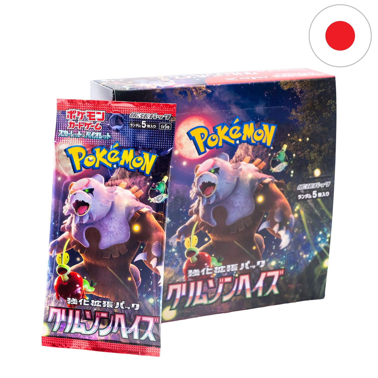 Das Pokemon Display Crimson Haze (SV5a), dem Boosterpack anliegend & der Flagge Japans in der Ecke.