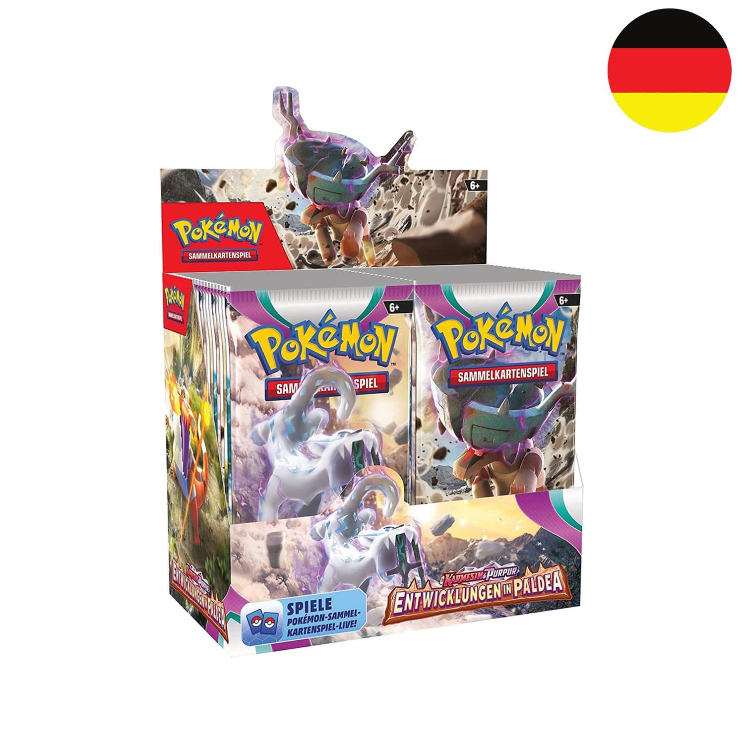 Das Pokémon DIsplay Entwicklungen in Paldea KP02 auf deutsch mit der Flagge Deutschlands in der Ecke.