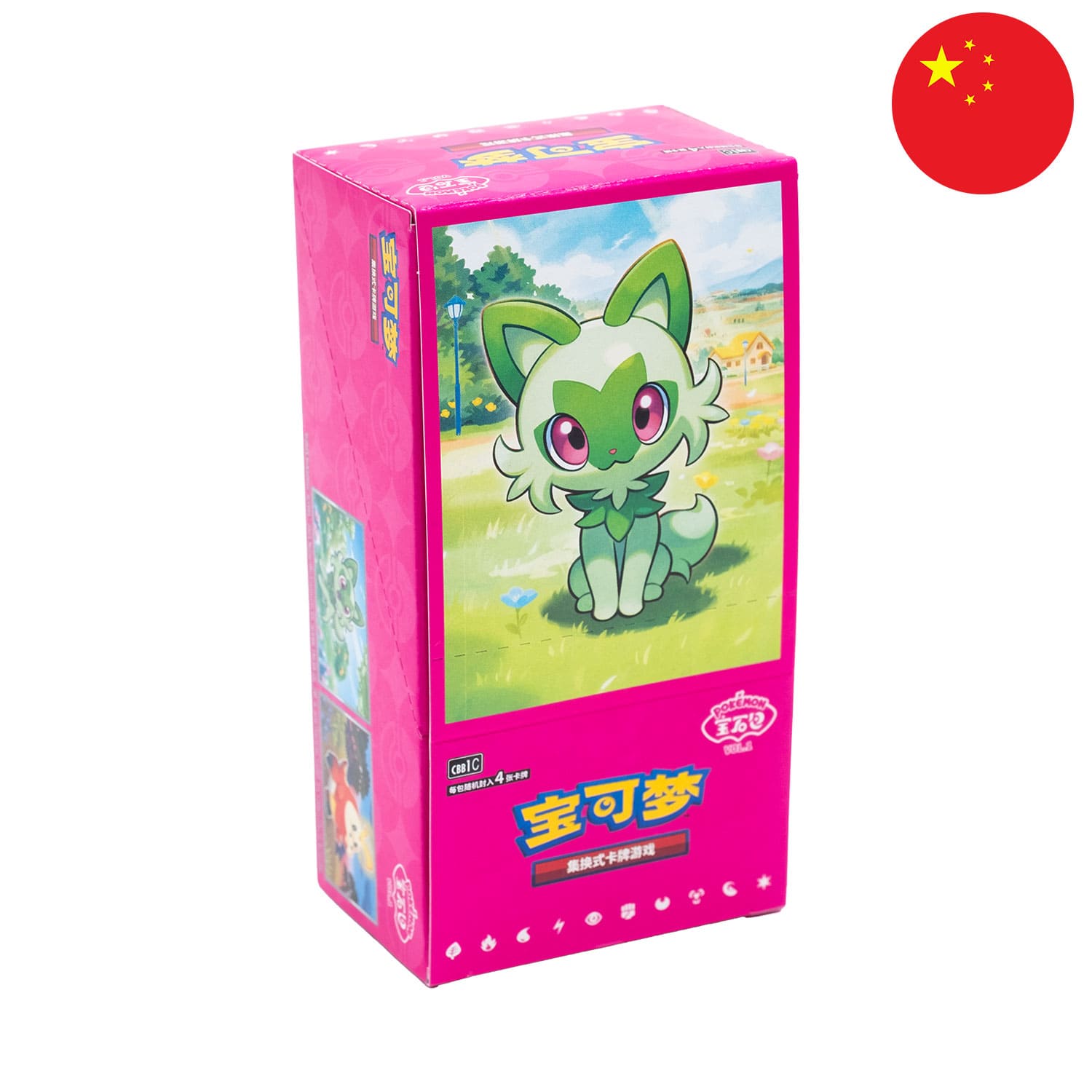 Das chinesische Exklusive Pokemon Display Gem Pack CBB1 mit Feolori auf dem Cover und der Flagge Chinas in der Ecke.