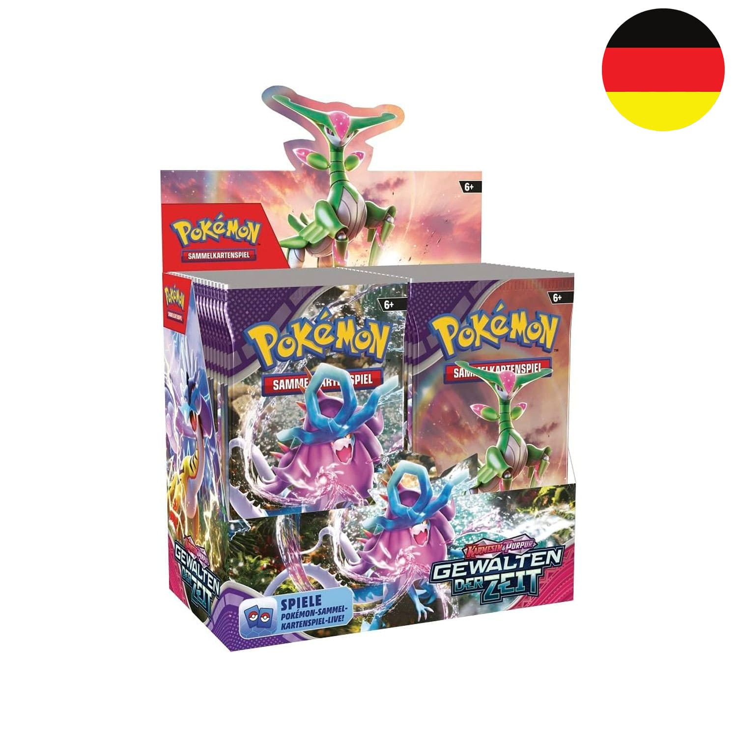 Das Pokémon Display Gewalten der Zeit KP05 auf deutsch mit der Flagge Deutschlands in der Ecke.