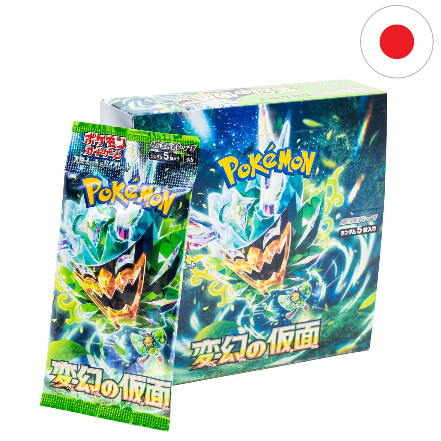 Das Pokemon Display Mask of Change (SV6) mit dem Boosterpack anliegend und der Flagge Japans in der Ecke.