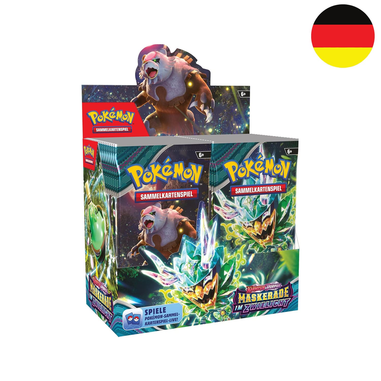 Das deutsche Pokémon Display Maskerade im Zwielicht (KP06) mit Ogerpon auf dem Cover und der Flagge Deutschlands.