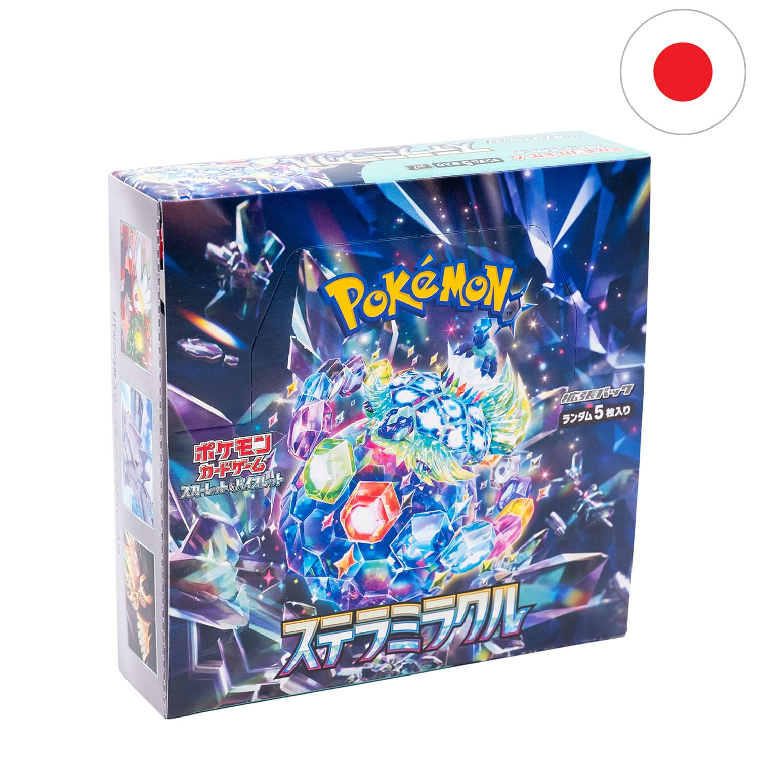 Das Pokemon Display Stellar Miracle (SV7) mit Terapagos auf dem Cover, frontal & mit der Flagge Japans in der Ecke.