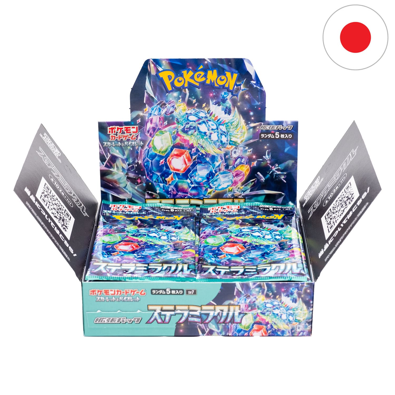 Das Pokemon Display Stellar Miracle (SV7) mit Terapagos auf dem Cover, geöffnet & mit der Flagge Japans in der Ecke.