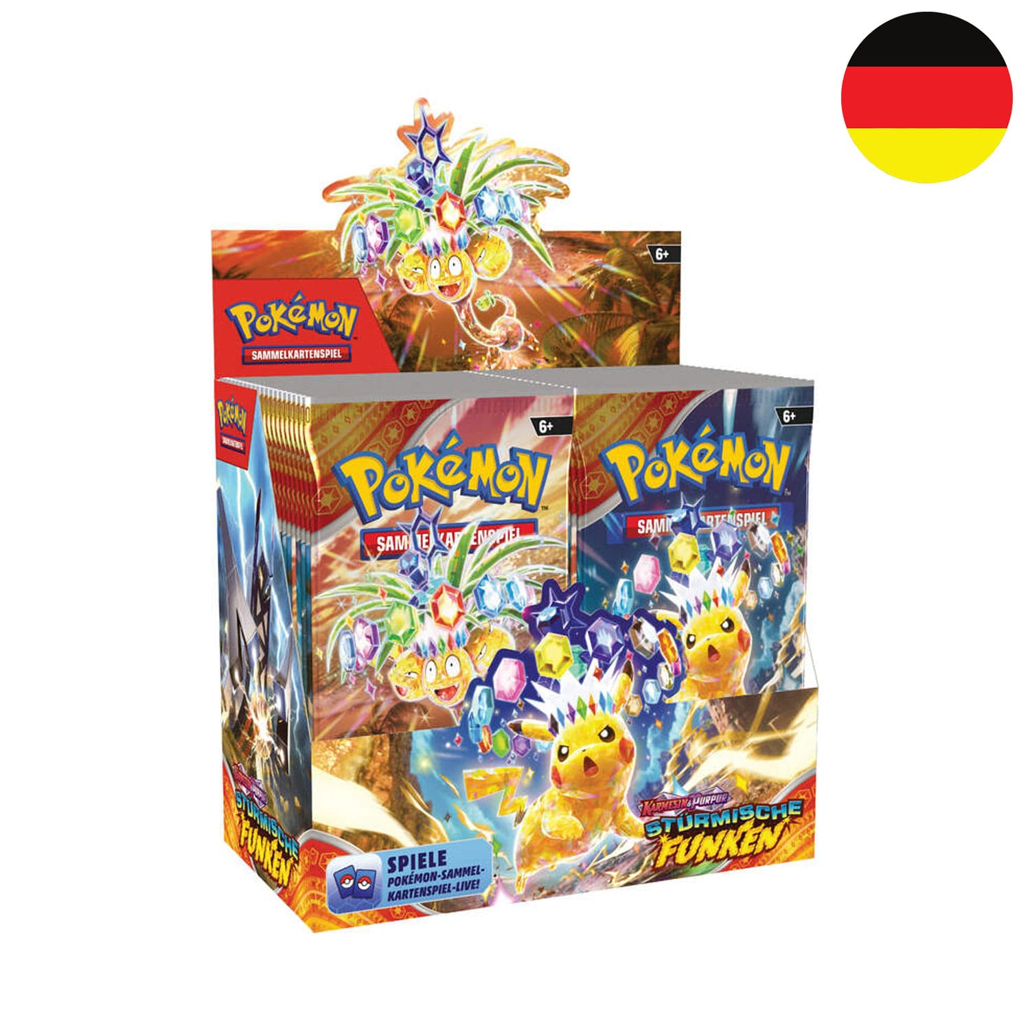 Das Pokemon Display Stürmische Funken (KP08) mit Pikachu auf dem Cover, frontal mit der Flagge Deutschlands in der Ecke.