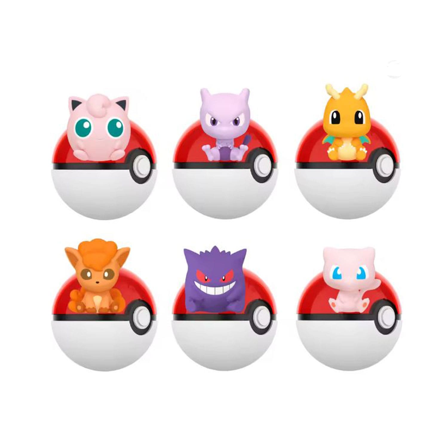 Pokémon Funism Palmsize Wonders Vol.3 Figuren mit Jigglypuff, Mewtwo, Dragonite, Vulpix, Gengar und Mew in Pokebällen.
