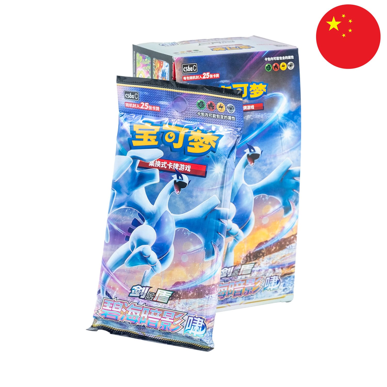 Das Pokémon JUMBO Display - "Azure Shadows - Roar" (CS6a) mit Lugia auf dem Cover und dem Booster, mit der Flagge Chinas.