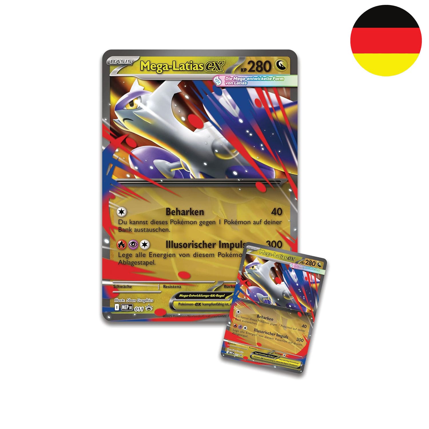 Die deutsche Pokémon MEGA Latias-ex Kollektion mit der Holo Promokarte MEP 011 und als überdimensionale 3D Wackelkarte.