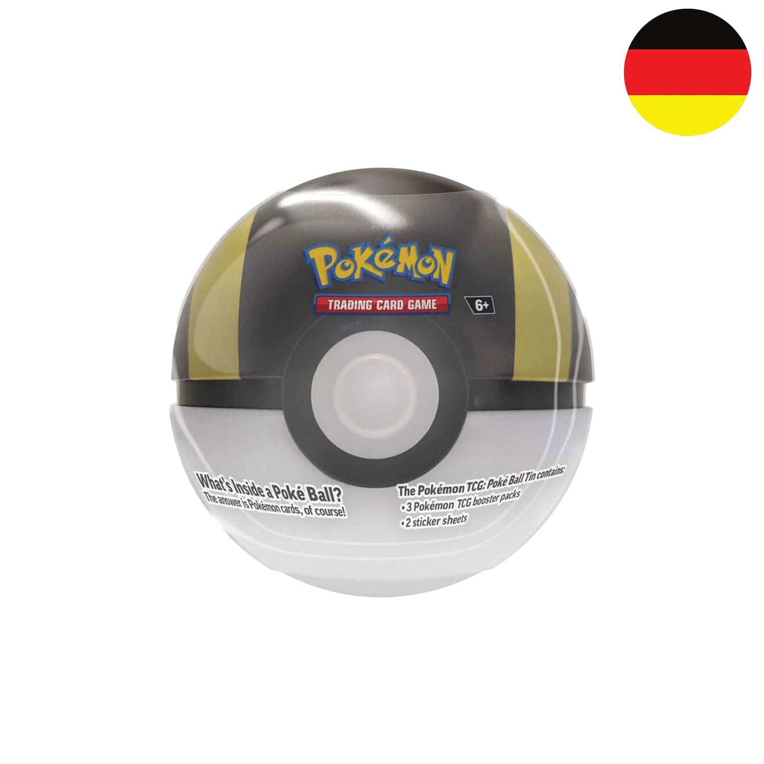 Pokémon Hyperball Tin Box 2025 mit zwei Stickerbögen und drei Boosterpacks aus Scarlet & Violet.