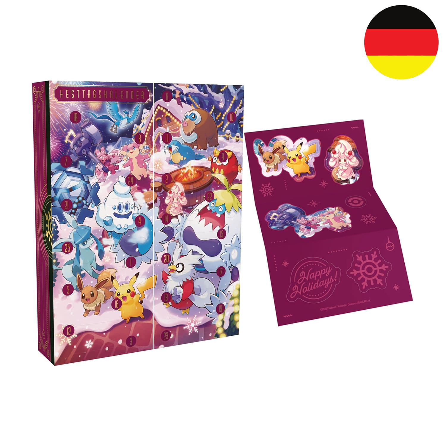 Pokémon Adventskalender 2025 für Weihnachten mit Stickerbogen. Pikachu, Evoli, Ohrdoch und Granforgita. 