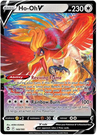 Die englische Pokemon-Silver-Tempest-Ho-Oh-V-SWSH12-140-195 Karte.