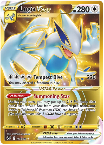 Die englische Pokemon-Silver-Tempest-Lugia-VSTAR-SWSH12-211-195 Karte.