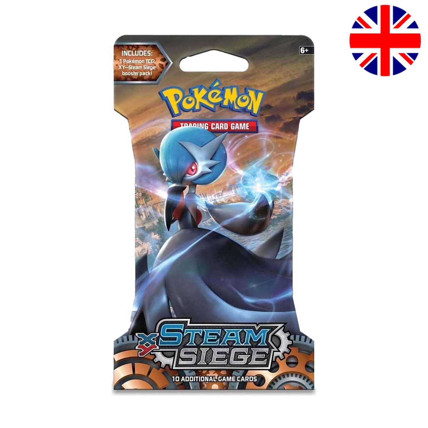 Das englische Pokémon-Set Steam Siege aus der X und Y Reihe, mit MEGA Guardevoir auf dem Cover. 10 Karten pro Pack.