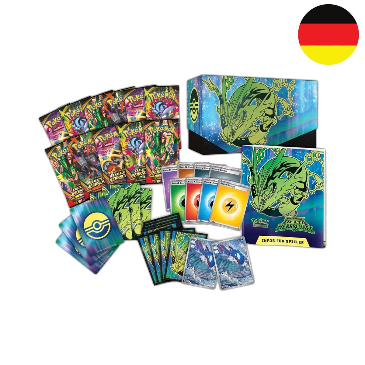 Pokémon Mega-Entwicklung Delta-Herrschaft ME06 Top-Trainer-Box Deutsch: Inhalt – 9 Booster, Kyogre-Promokarte 65 Hüllen