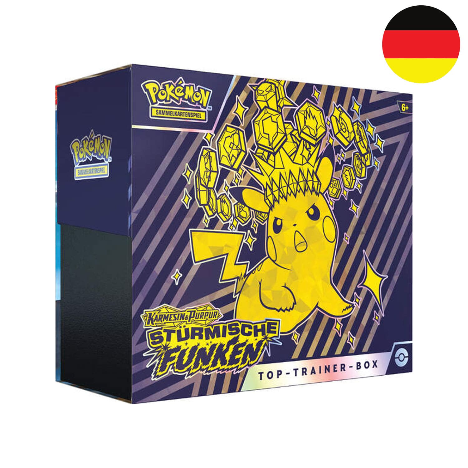 Die Pokemon Top Trainer Box Stürmische Funken (KP08) mit Pikachu auf dem Cover, frontal mit der Flagge Deutschlands.