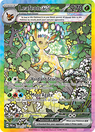 Die englische Pokemon-Trading-Card-Game-Prismatic-Evolutions-144-131-Leafeon-ex Karte.