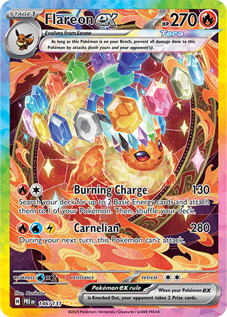 Die englische Pokemon-Trading-Card-Game-Prismatic-Evolutions-146-131-Flareon-ex Karte.
