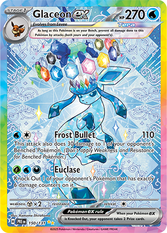 Die englische Pokemon-Trading-Card-Game-Prismatic-Evolutions-150-131-Glaceon-ex Karte.