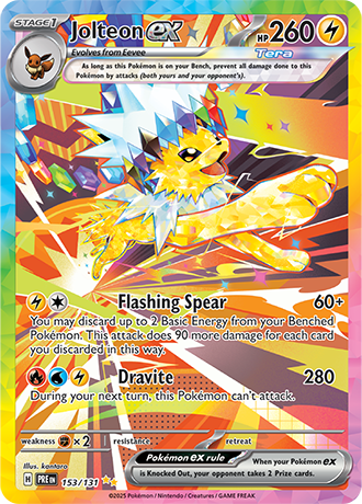 Die englische Pokemon-Trading-Card-Game-Prismatic-Evolutions-153-131-Jolteon-ex Karte.