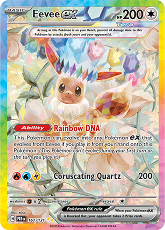Die englische Pokemon-Trading-Card-Game-Prismatic-Evolutions-167-131-Eevee-ex Karte.