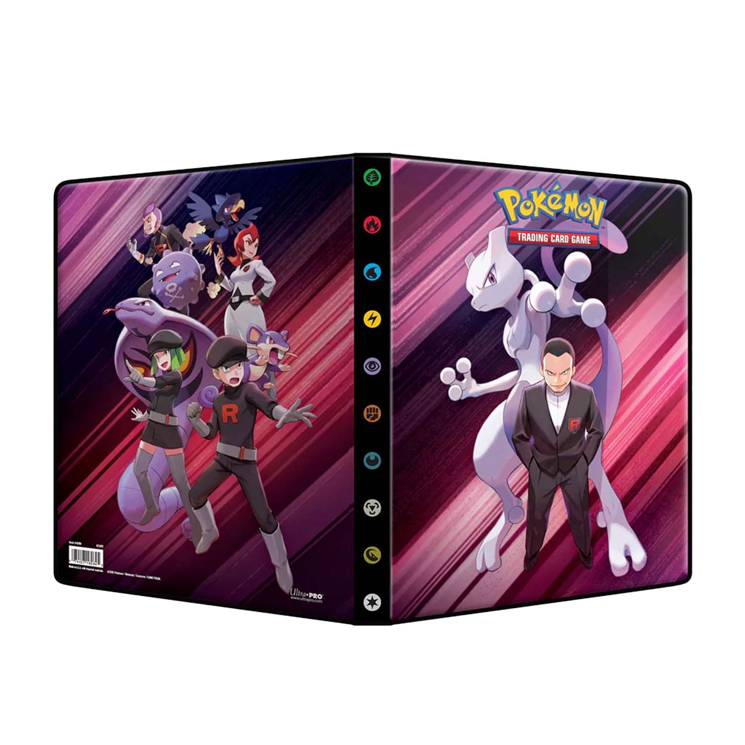 Der Pokémon 9 Pocket Portfolio Binder von Destiny Rivals aus der Scarlet & Violet Reihe mit Giovanni und Mewtu darauf.