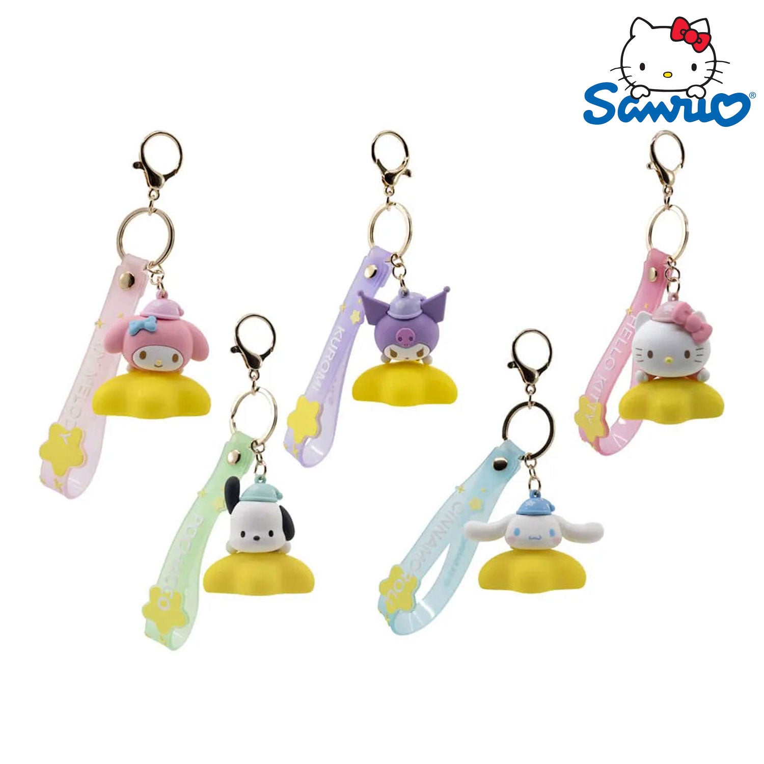 Das YuMe Sanrio Hello Kitty and Friends Light Up Star Anhänger Display mit Hello Kitty, Kuromi, Pochacco, My Melody und Cinnamoroll.